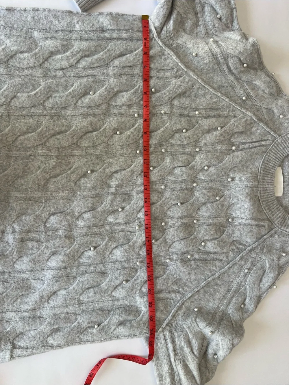 Aerie Light Gray Cable Knit Faux Pearl Beaded Crew Neck Sweater Soft Cozy - Picture 8 of 9